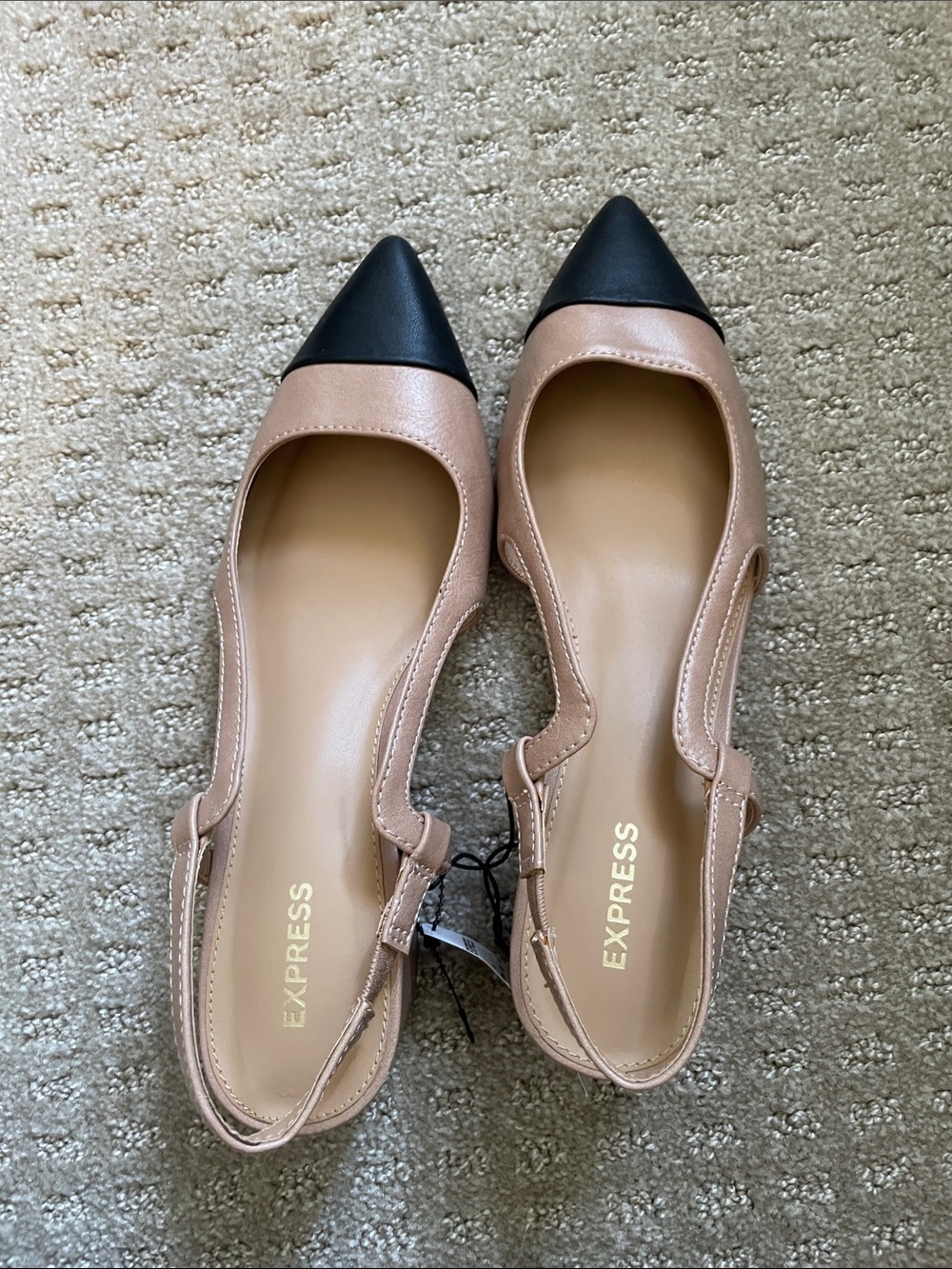 Express Two-Tone Pointed Slingback heels in Nude and Black